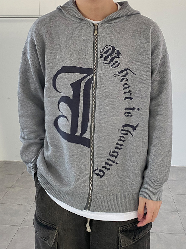 Tattooing knit hooded zip-up